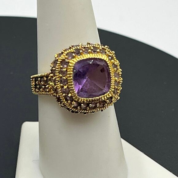 UTC Gold Plated Vermeil Sterling Silver Cushion Cut Amethyst Cocktail Ring Sz 8 - Picture 1 of 16